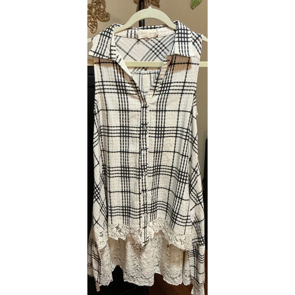 Anthropologie A'Reve Black White Plaid Sleeveless Lace Trim High Low Tunic Small